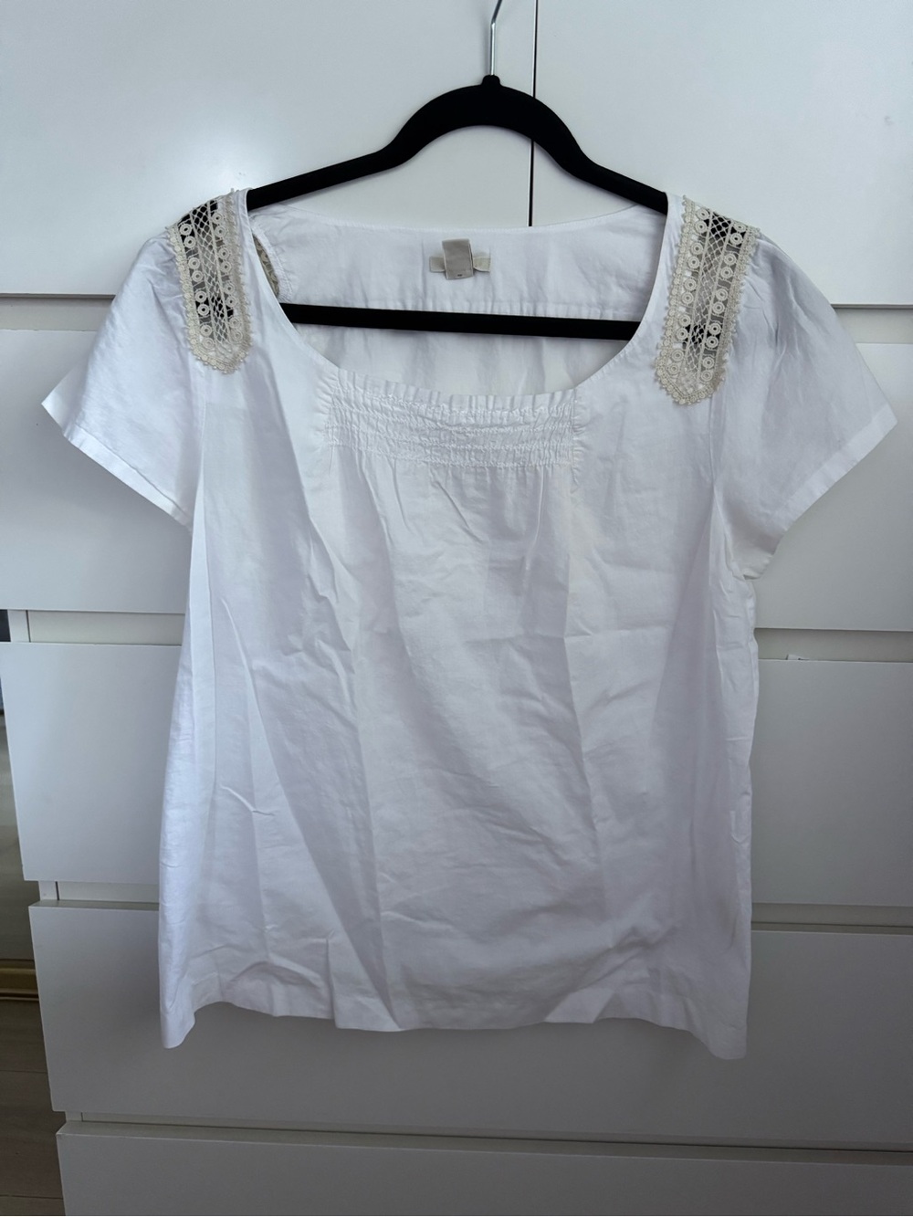 J Crew Short Sleeve Peasant Top with Lace Shoulders
